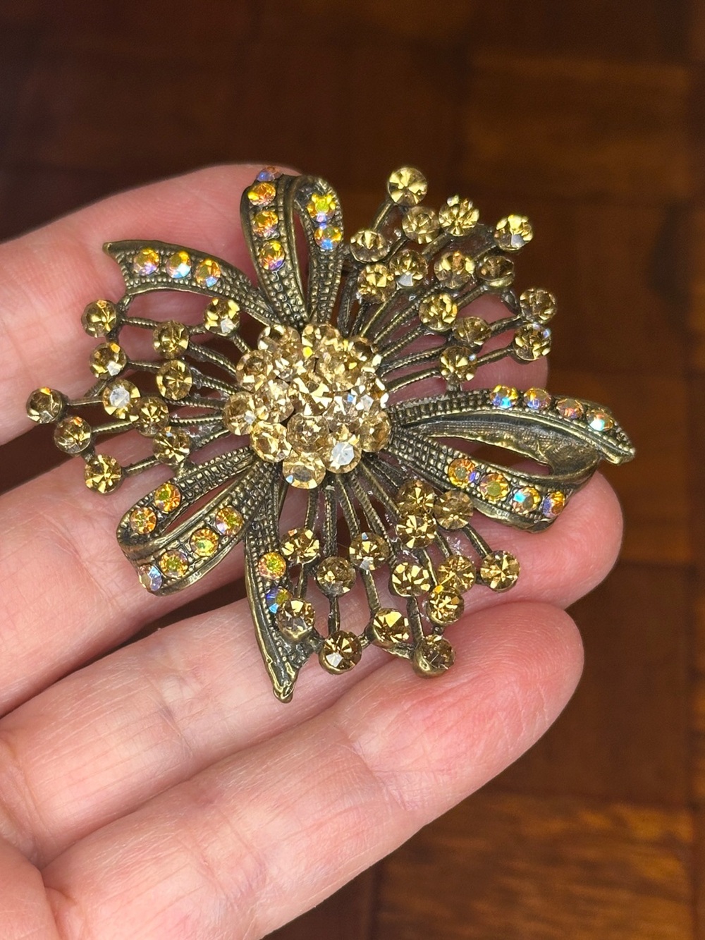 Gold Floral Crystal Brooch - Sparkling Gold Tone